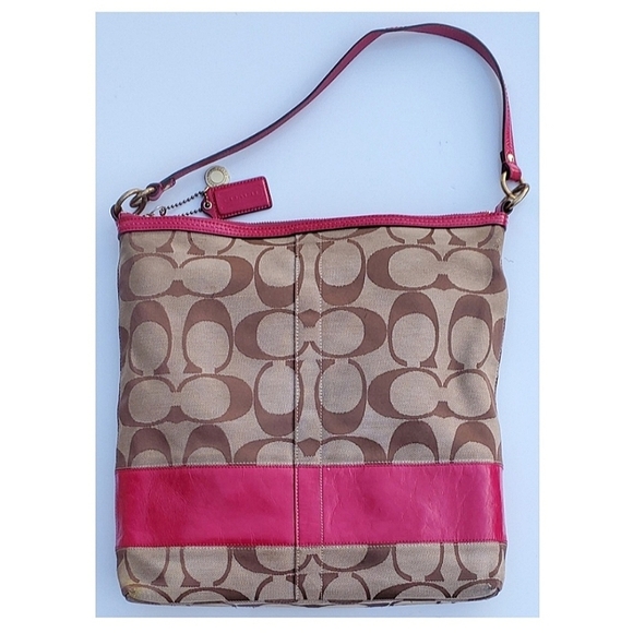 Coach Handbags - Coach Hot Pink Leather & Tan Classic Logo Canvas Bag/Purse
